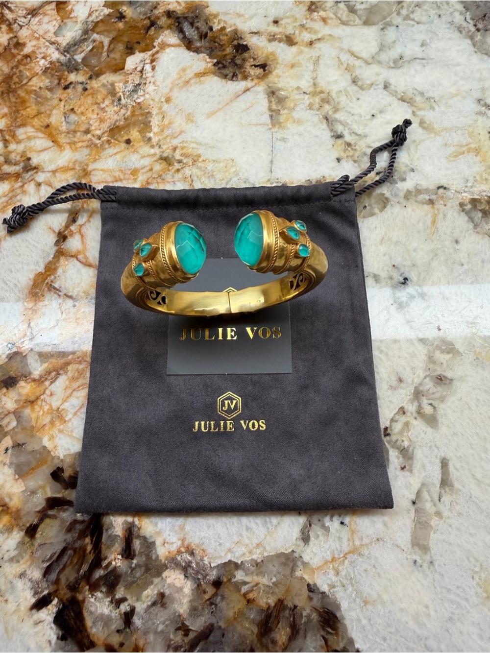 Julie Vos Gold Cannes Cuff with Vibrant Turquoise Green Stones